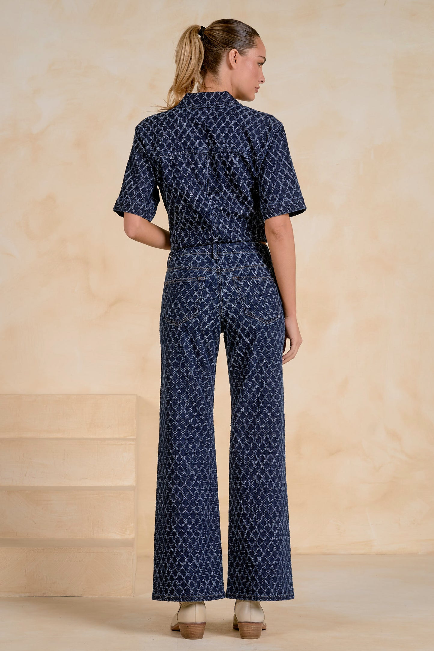 Indigo Diamond Jacquard Wide-Leg Jeans