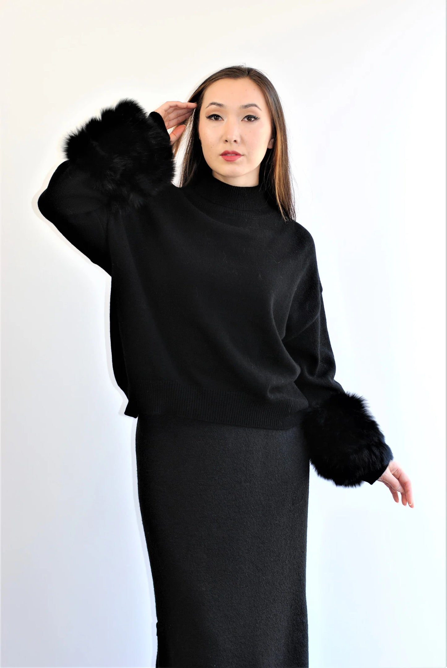 Detachable Fox Fur Cuff Merino Wool Sweater