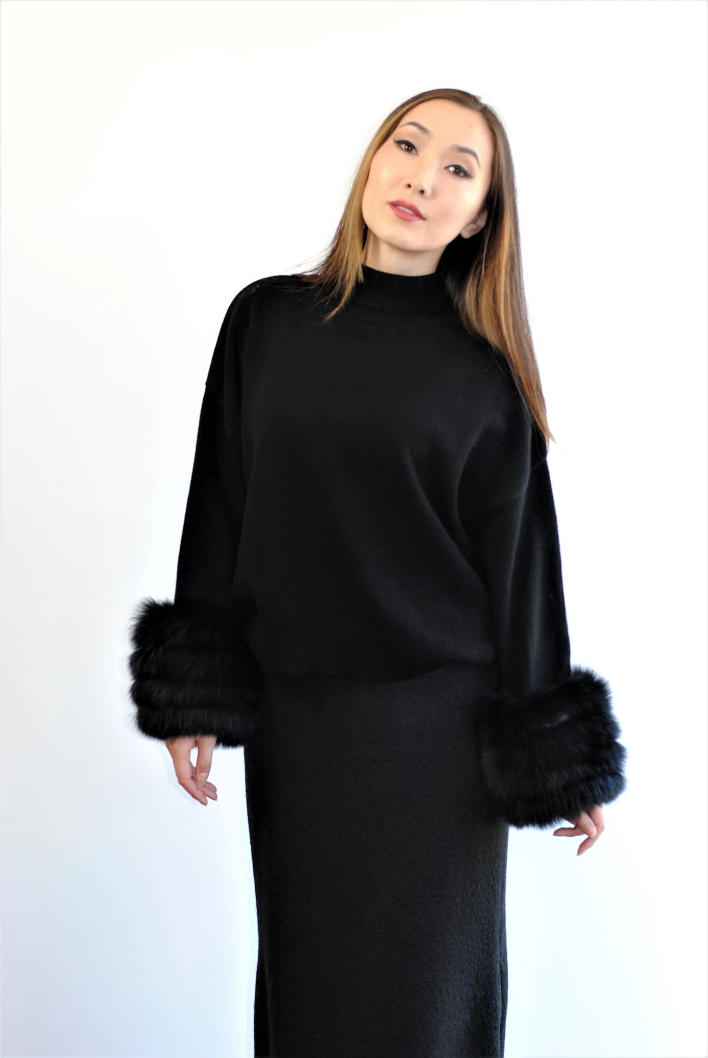 Detachable Fox Fur Cuff Merino Wool Sweater