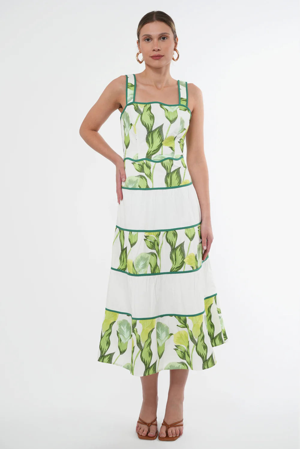 Tiered Embroidered Blocked Midi Dress