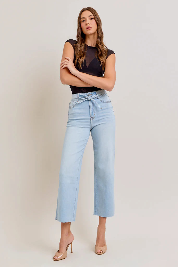 Tie Waist Clean Stretch Wide Leg Jeans