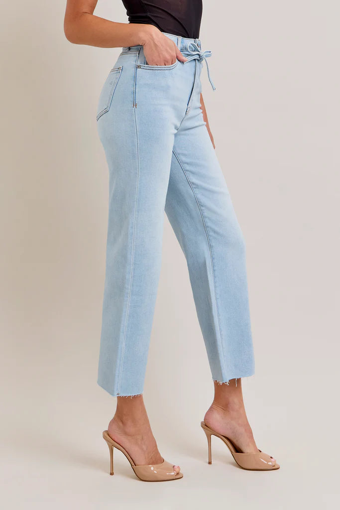 Tie Waist Clean Stretch Wide Leg Jeans
