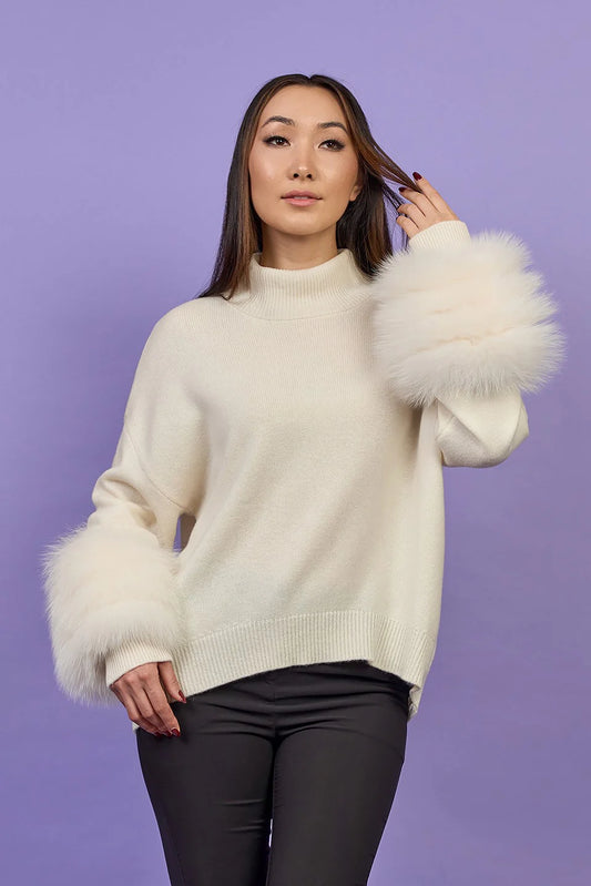 Detachable Fox Fur Cuff Merino Wool Sweater