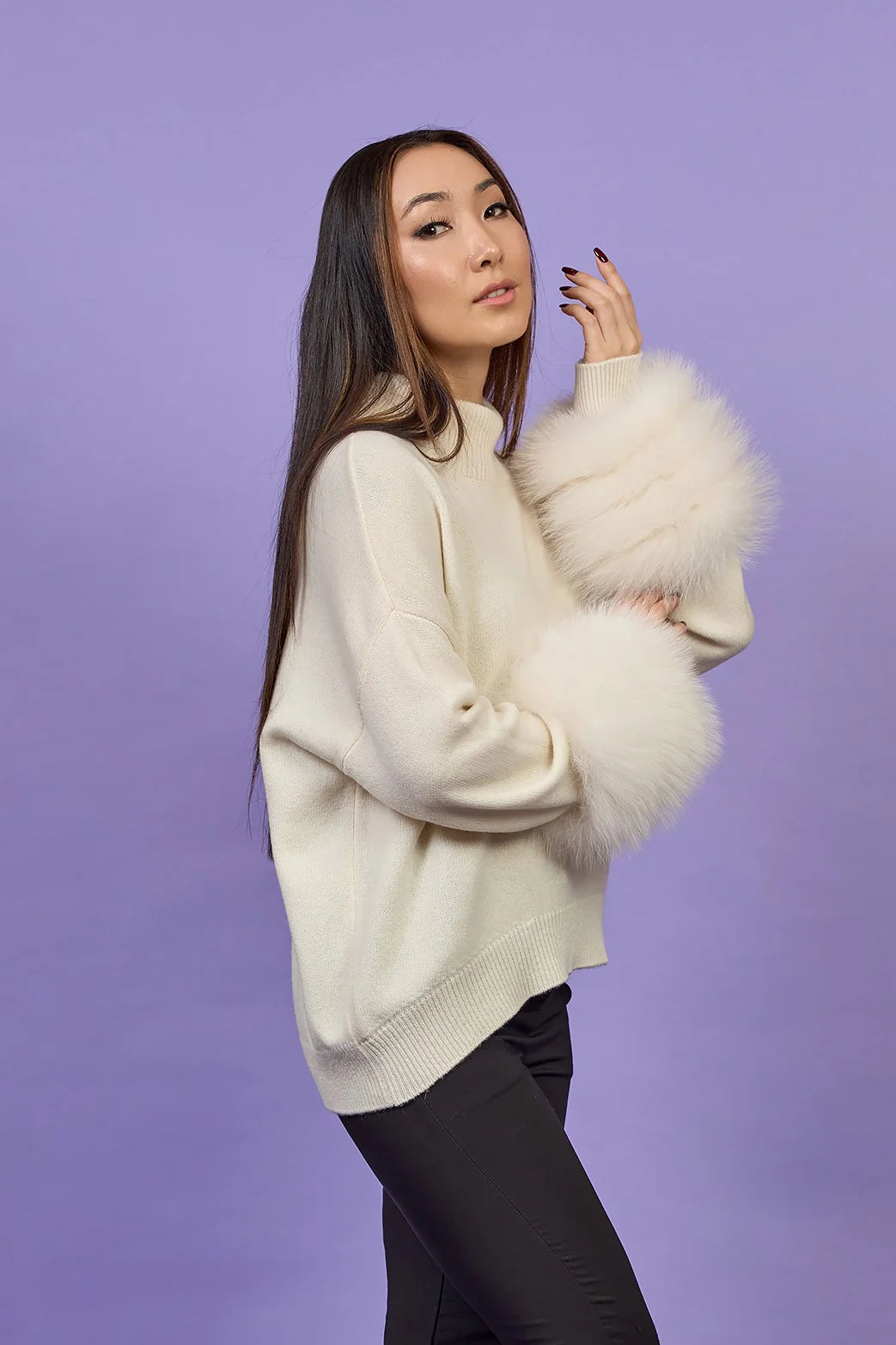 Detachable Fox Fur Cuff Merino Wool Sweater