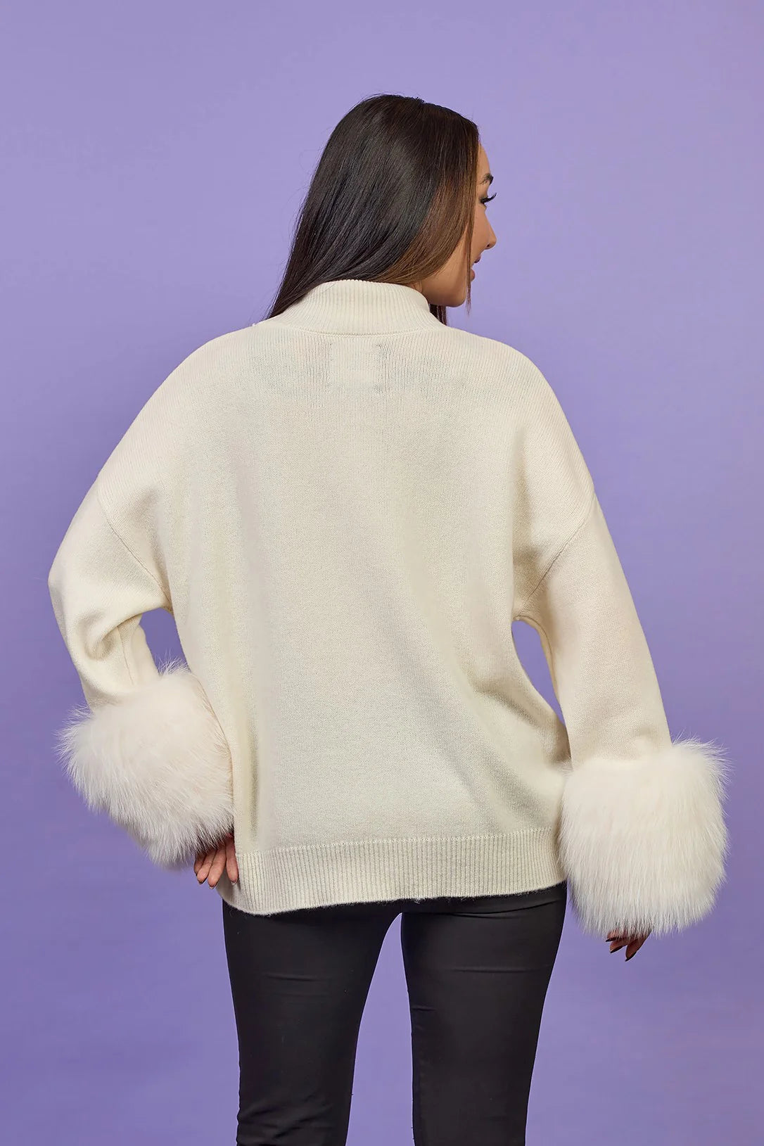 Detachable Fox Fur Cuff Merino Wool Sweater