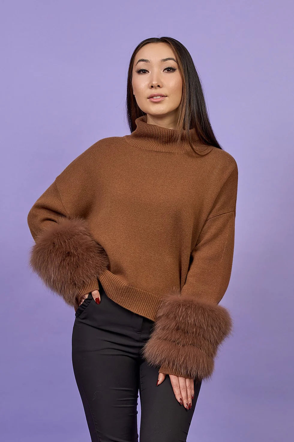 Detachable Fox Fur Cuff Merino Wool Sweater