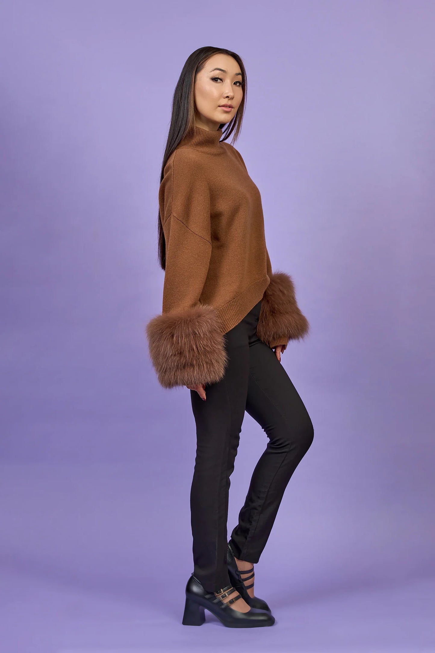 Detachable Fox Fur Cuff Merino Wool Sweater