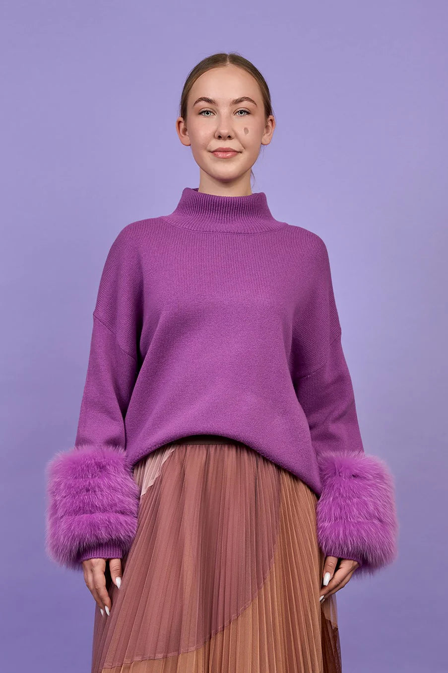 Detachable Fox Fur Cuff Merino Wool Sweater