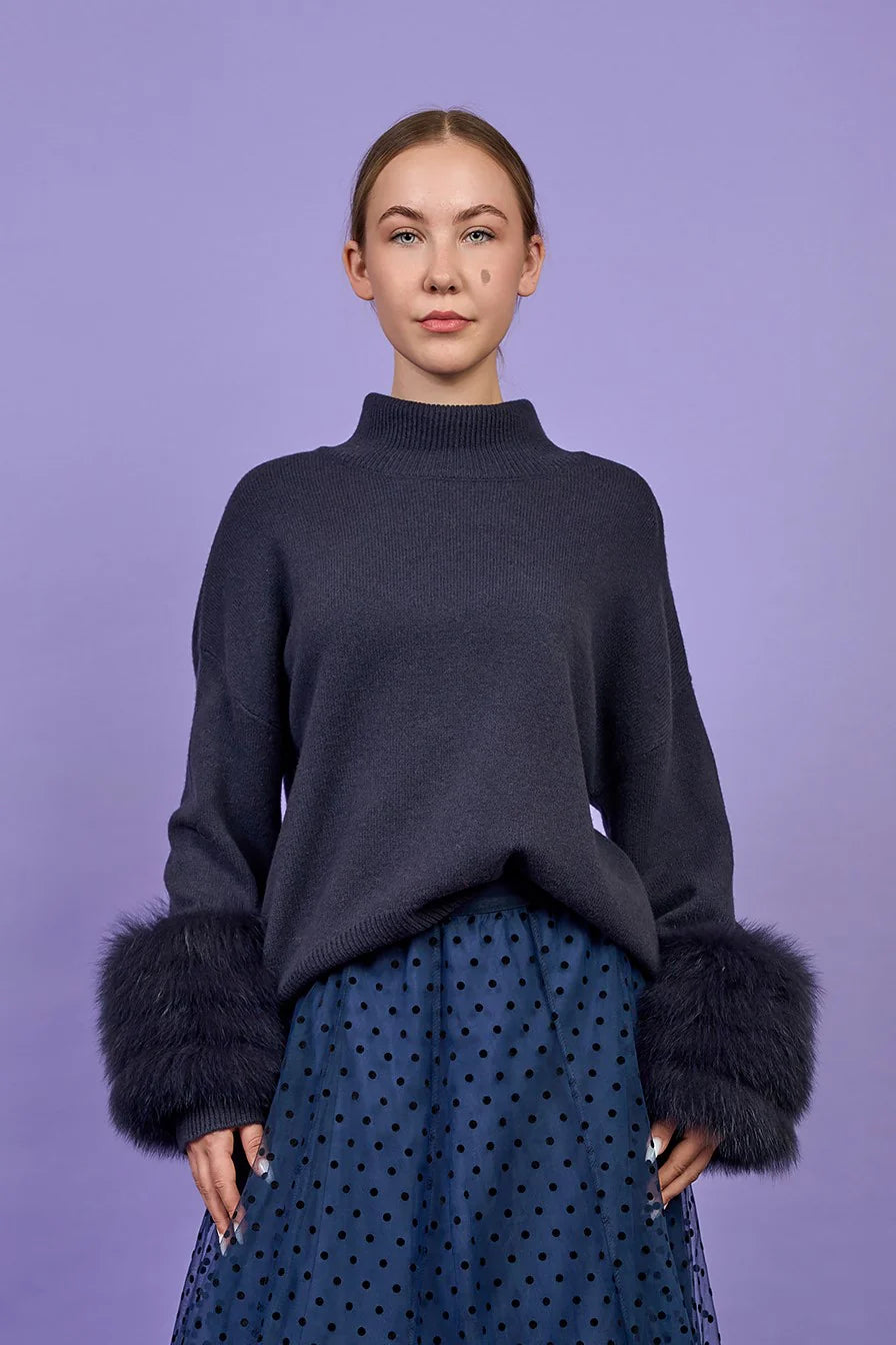 Detachable Fox Fur Cuff Merino Wool Sweater