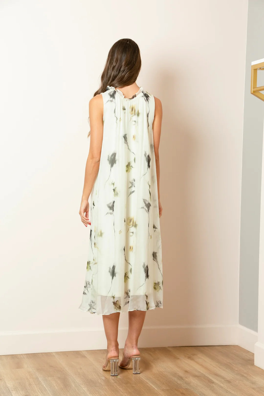 Printed Silk Sleeveless Dress with Gathered Neck