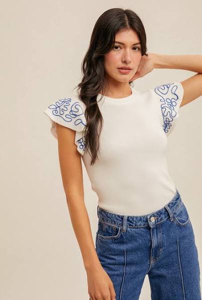 Embroidered Ruffle Sleeve Sweater Top