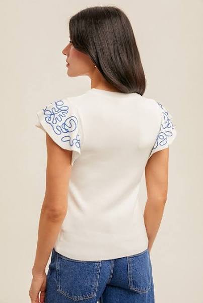Embroidered Ruffle Sleeve Sweater Top