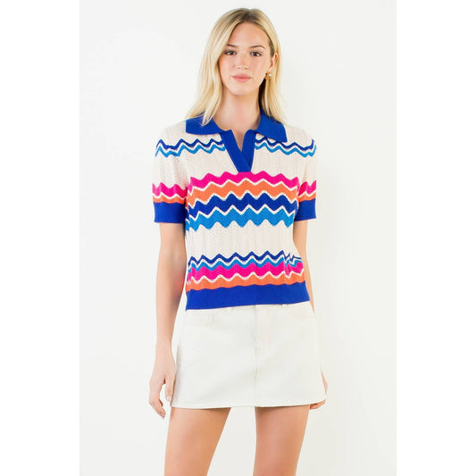 Short Sleeve Collared Zigzag Knit Top