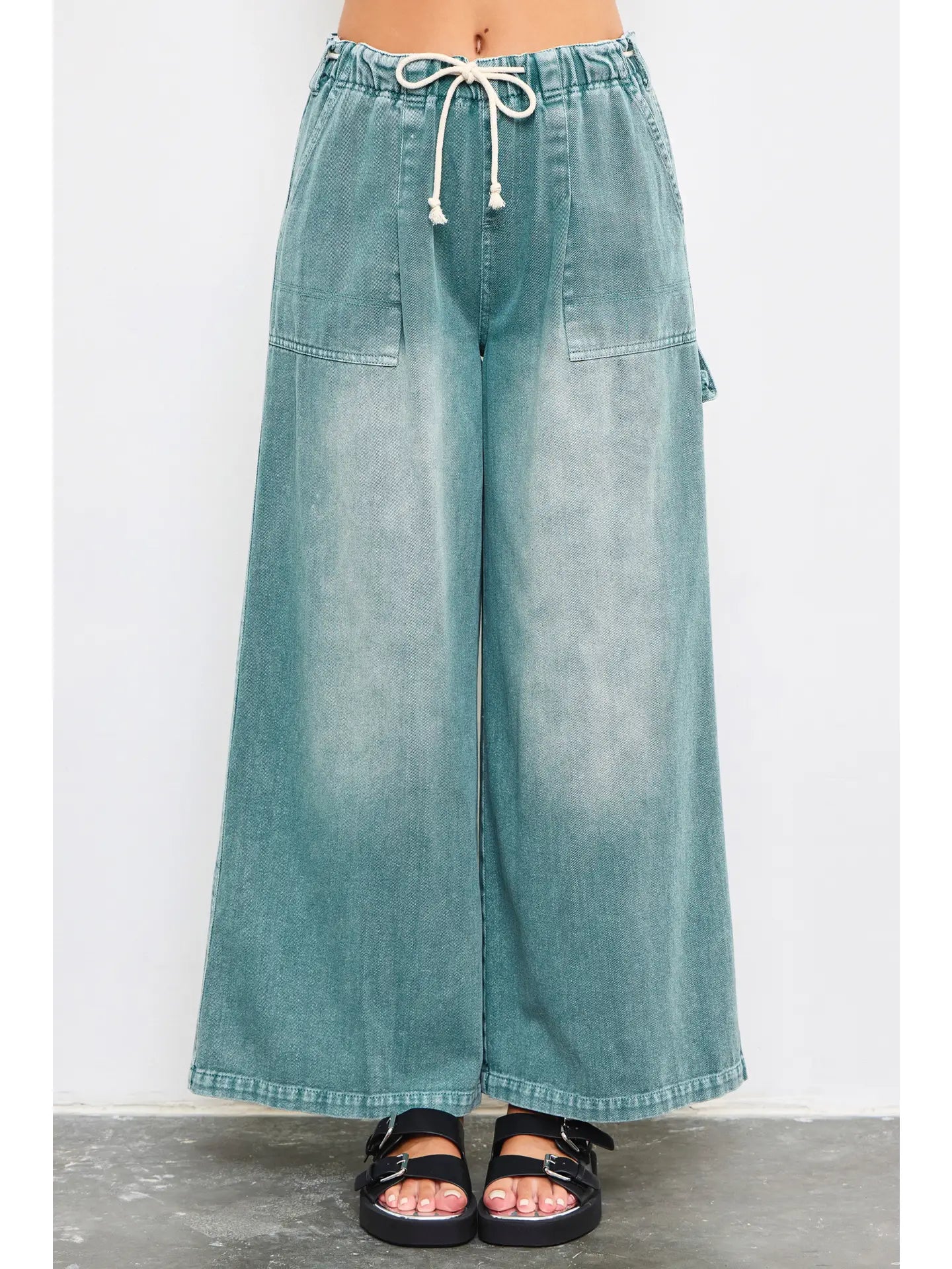 Drawstring Wide-Leg Denim Pants