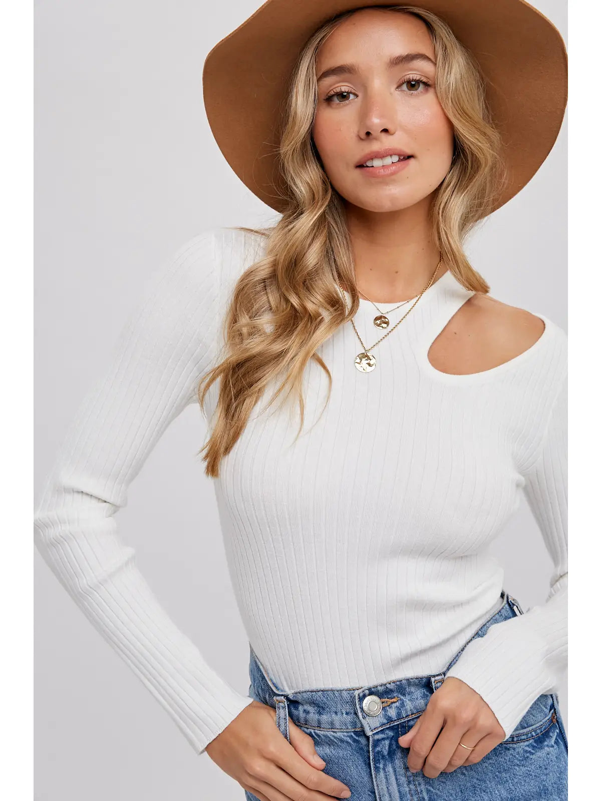 Cutout Shoulder Ribbed Top