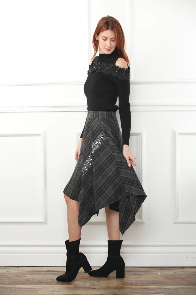 Sequin Inset Plaid Handkerchief Skirt