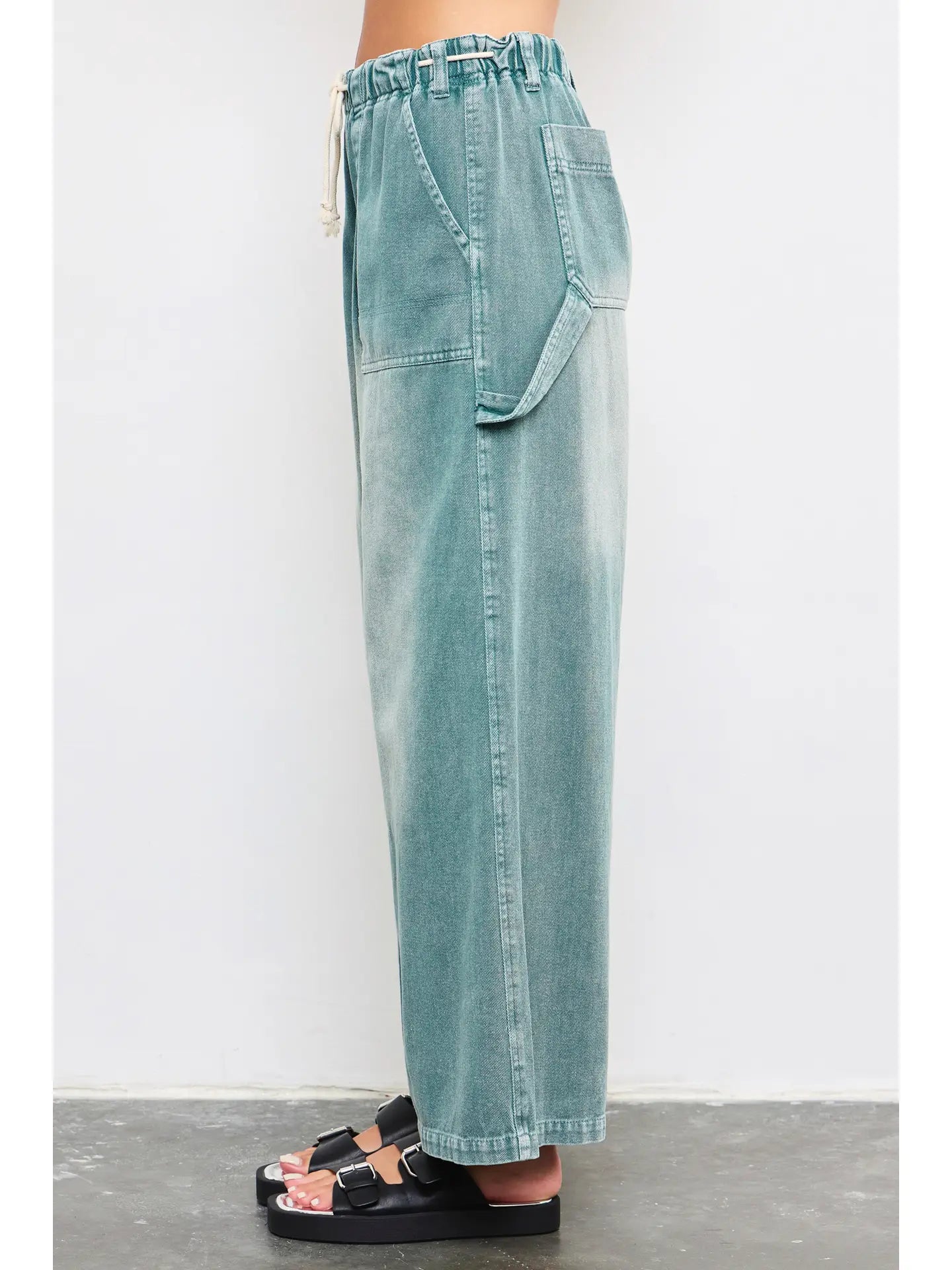 Drawstring Wide-Leg Denim Pants