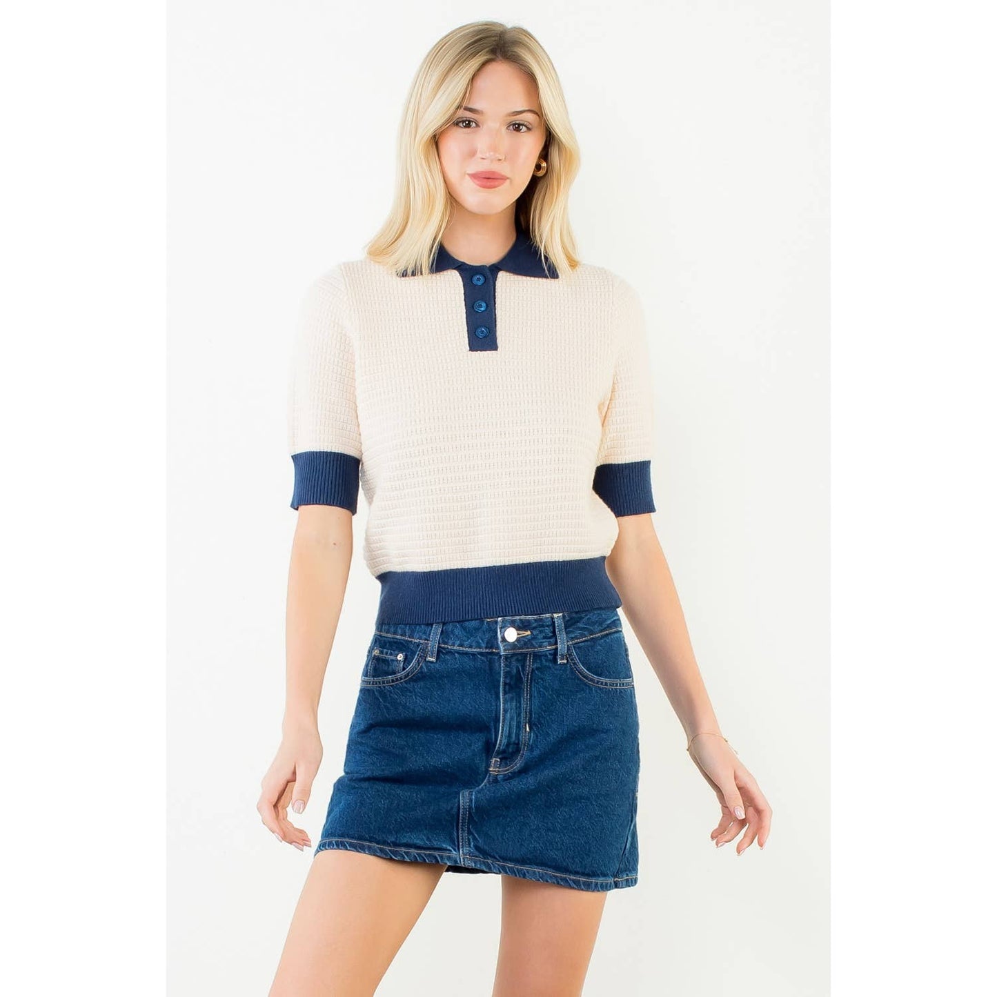 Short Sleeve Waffle Knit Polo Top