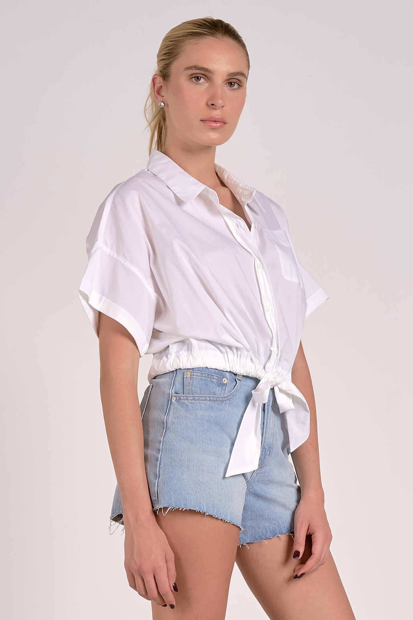 Short Sleeve Buttondown Tie up Top