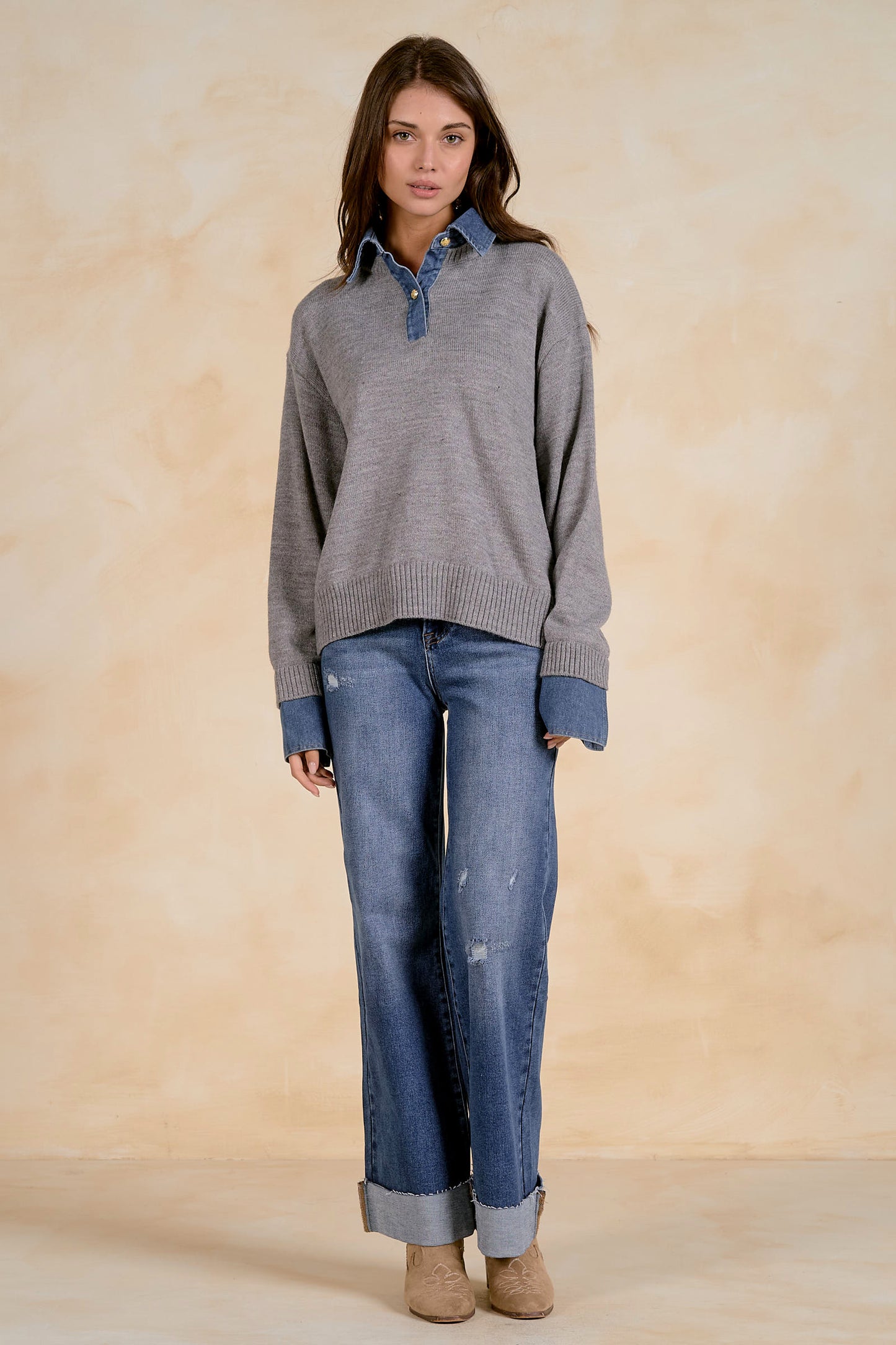 Tess Layered Denim-Collar Sweater
