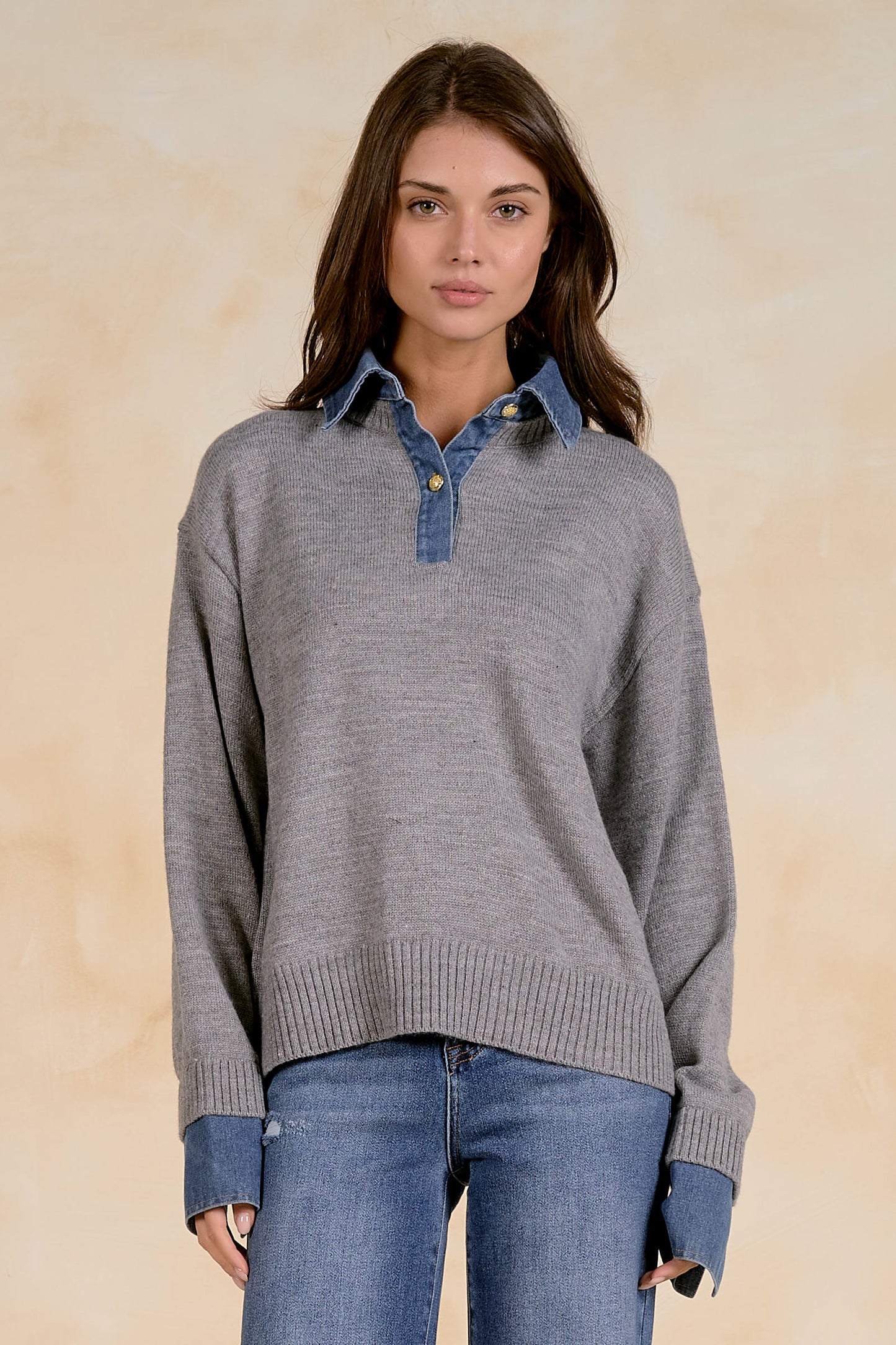 Tess Layered Denim-Collar Sweater