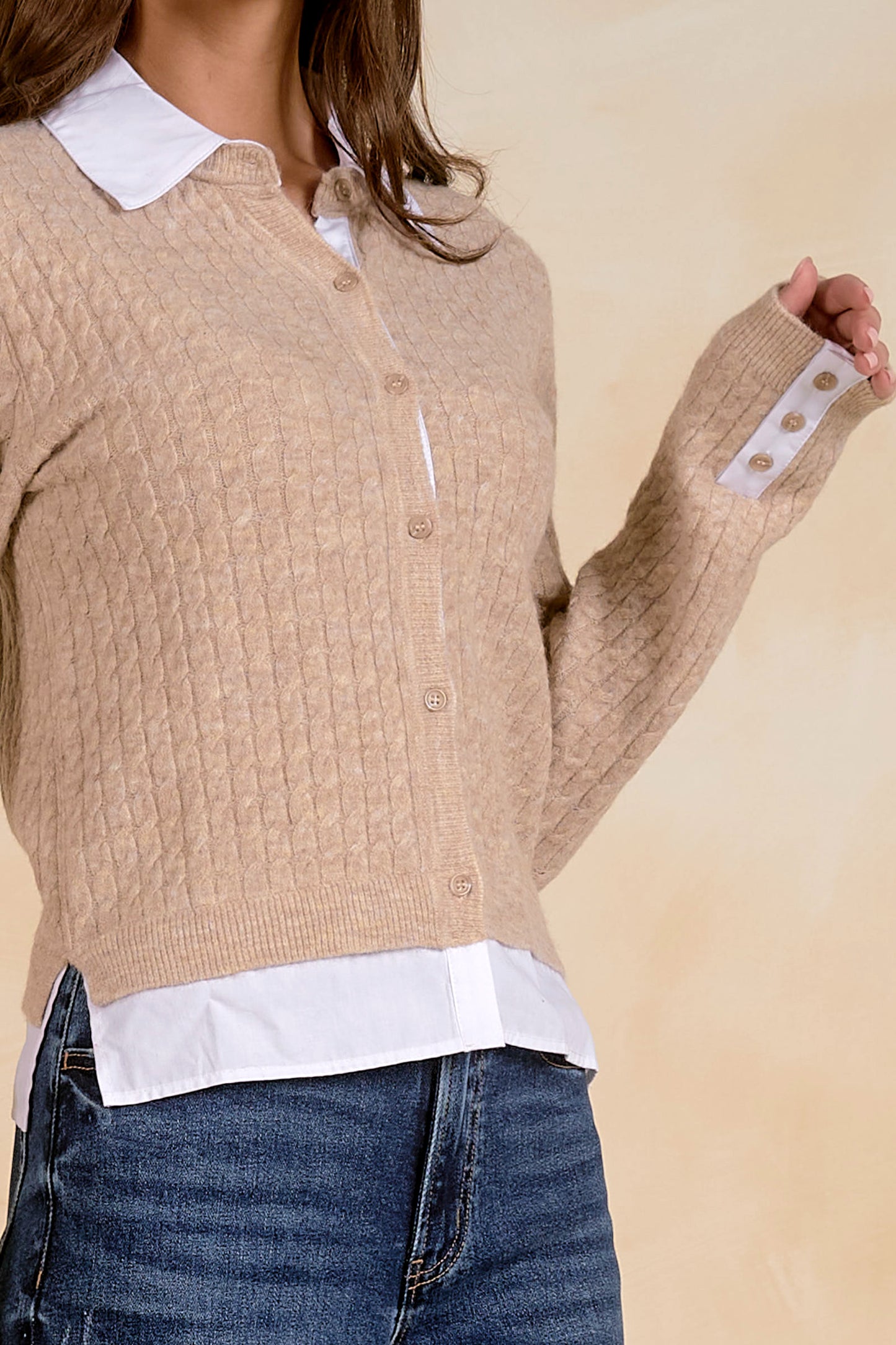 Cable-Knit Layered-Collar Cardigan