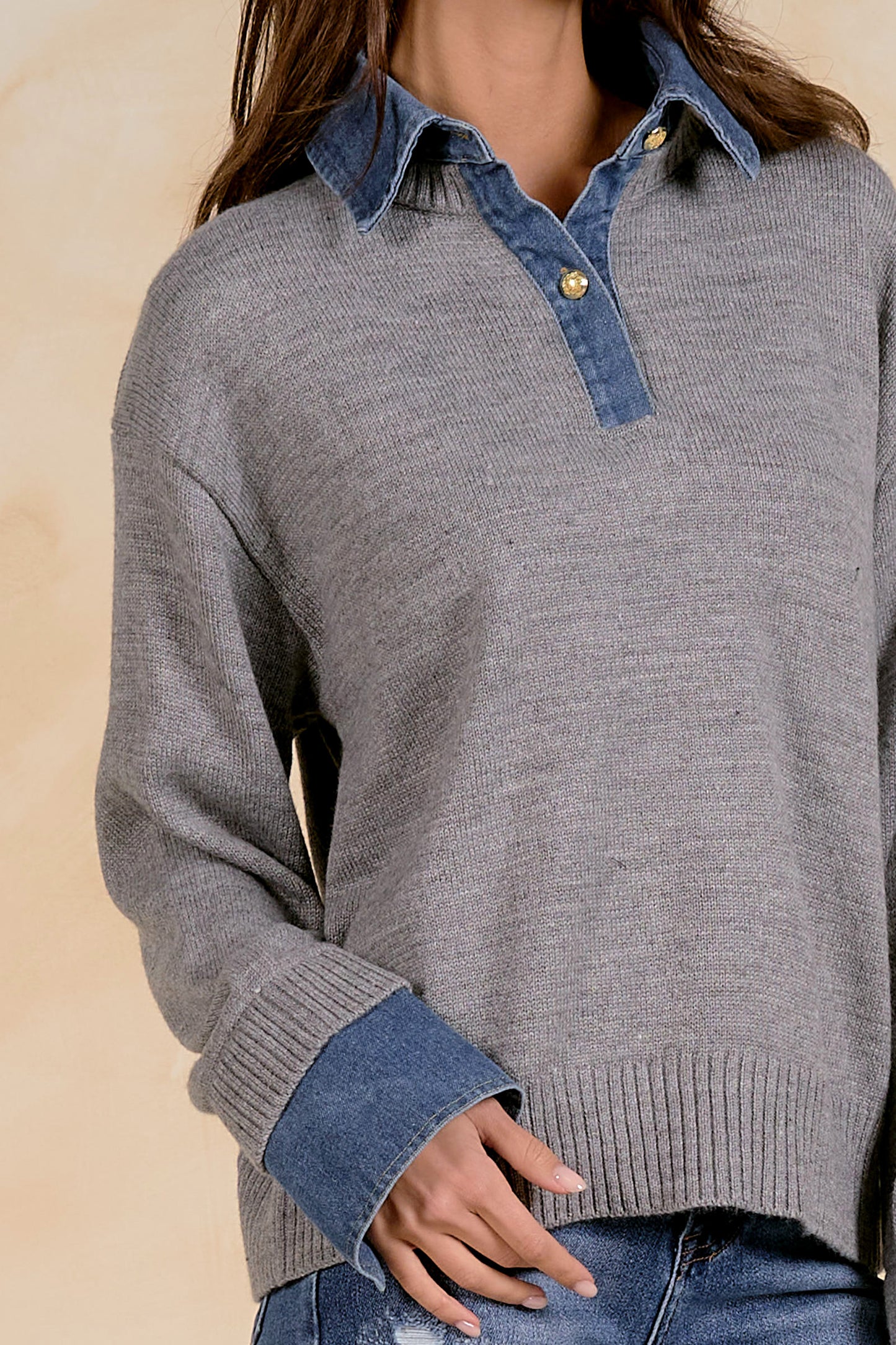 Tess Layered Denim-Collar Sweater