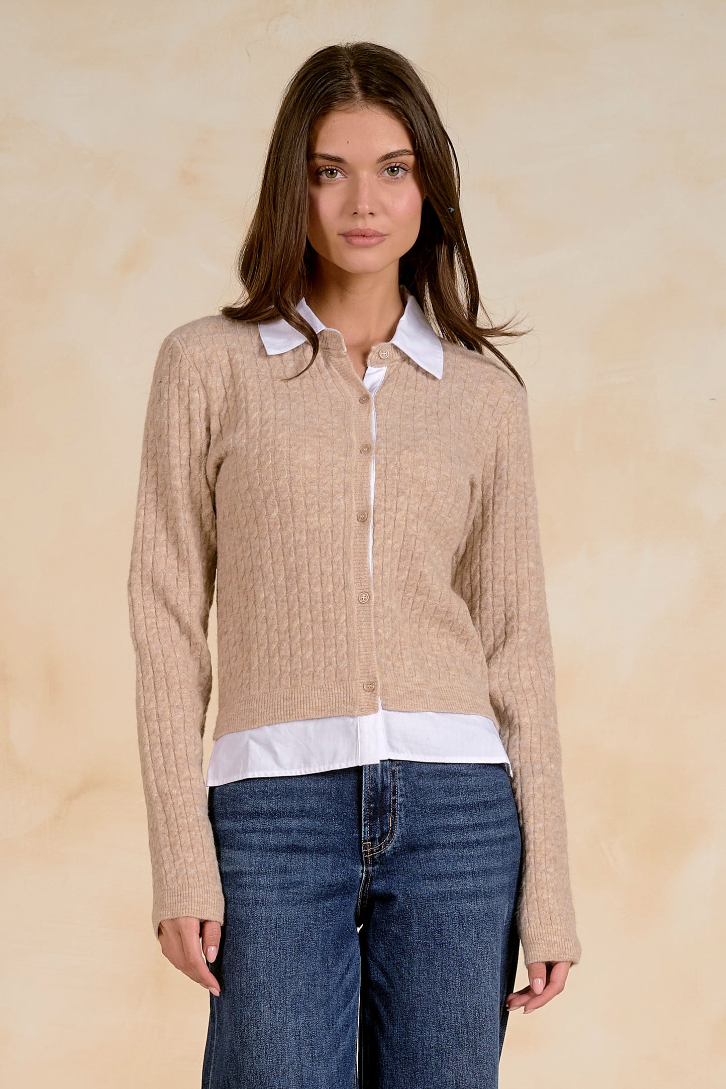 Cable-Knit Layered-Collar Cardigan
