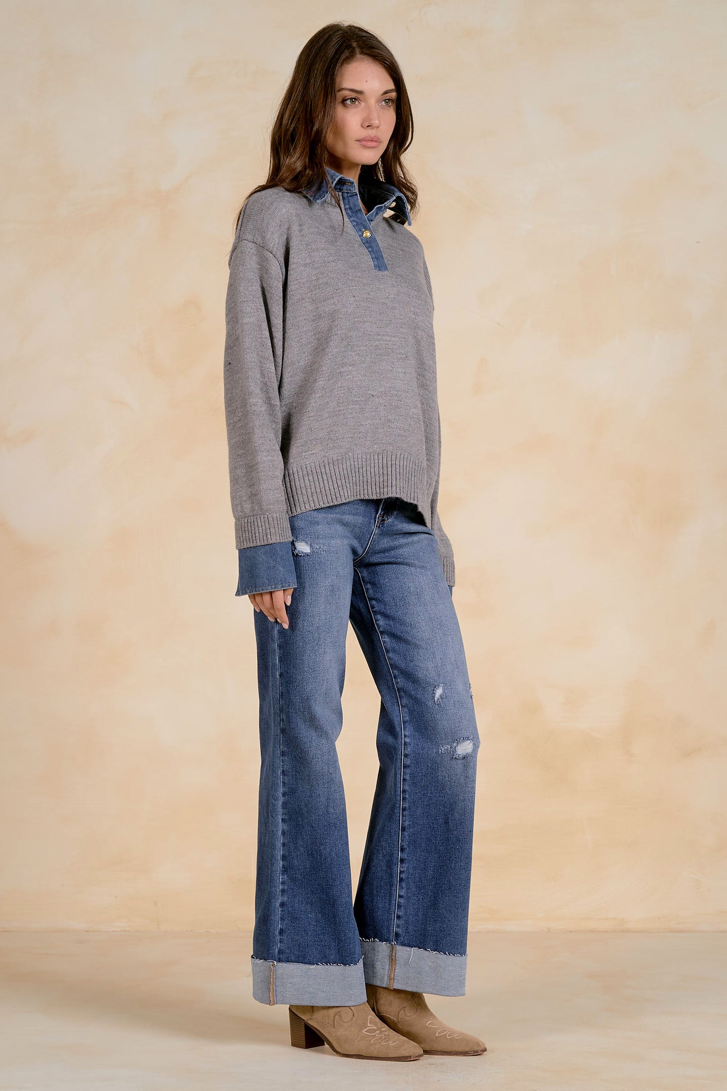 Tess Layered Denim-Collar Sweater