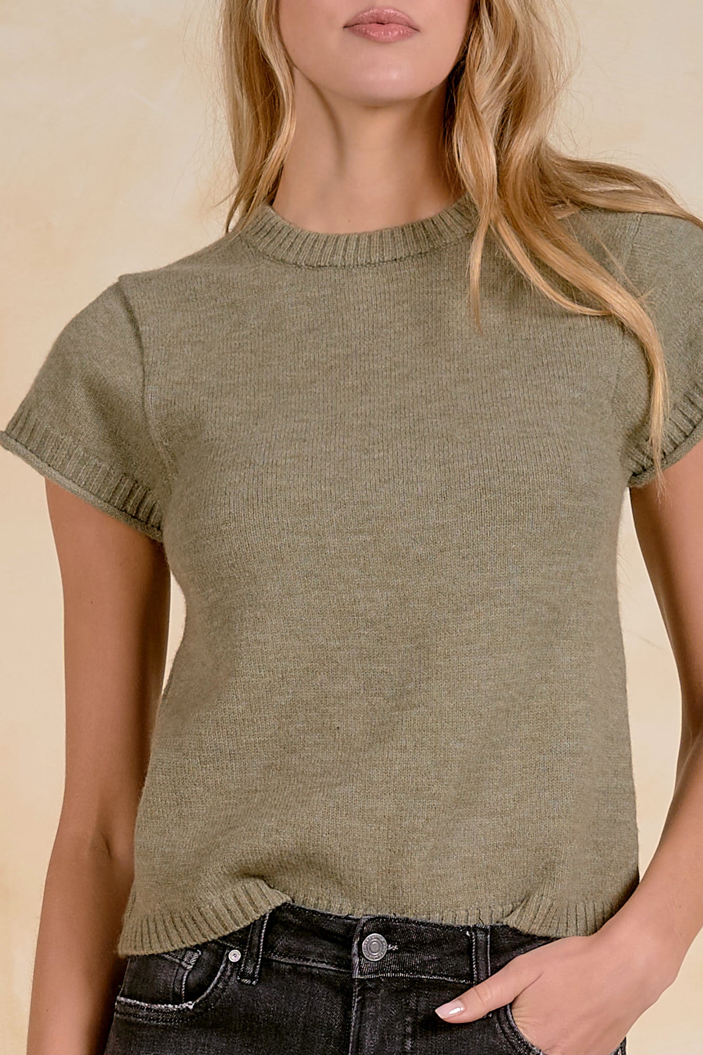 Olive Short Sleeve Knit Top