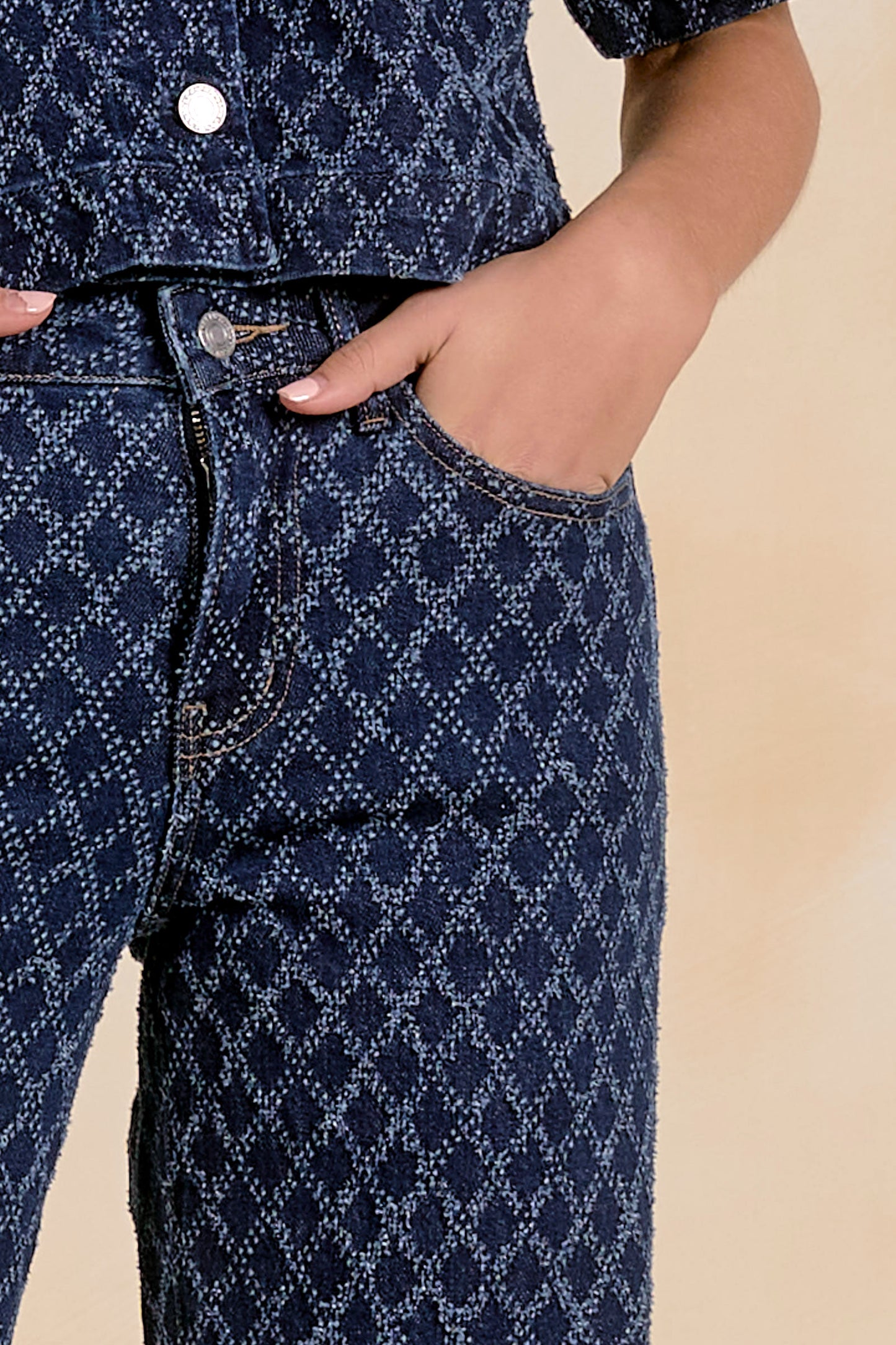 Indigo Diamond Jacquard Wide-Leg Jeans