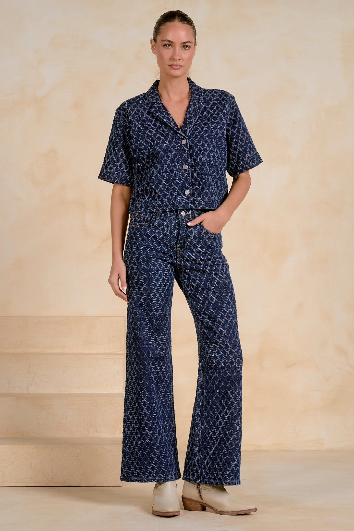 Indigo Diamond Jacquard Wide-Leg Jeans