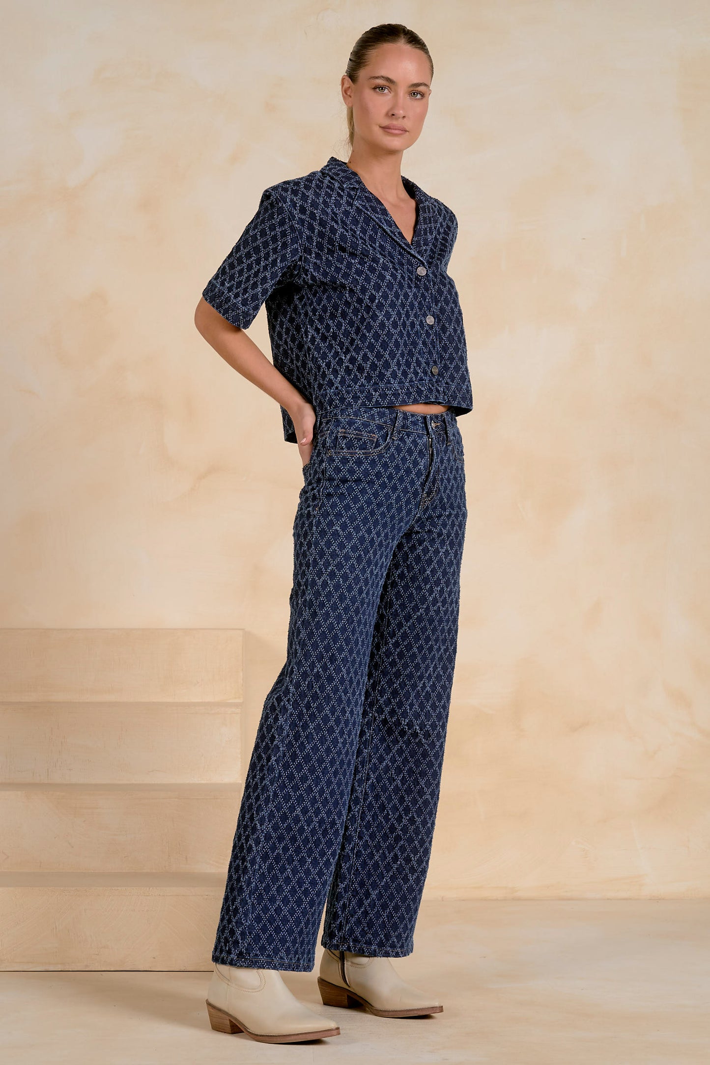 Indigo Diamond Jacquard Wide-Leg Jeans