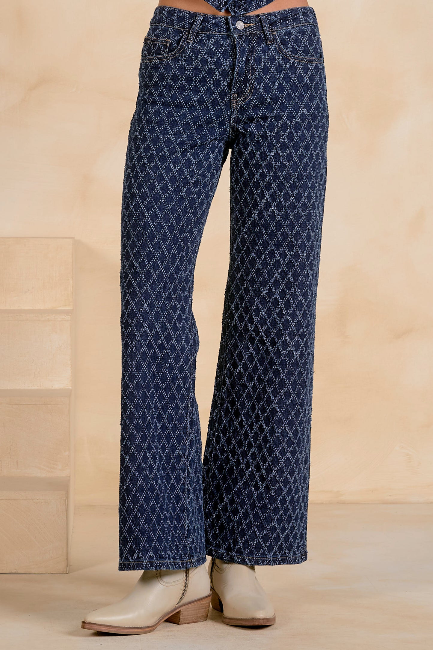 Indigo Diamond Jacquard Wide-Leg Jeans
