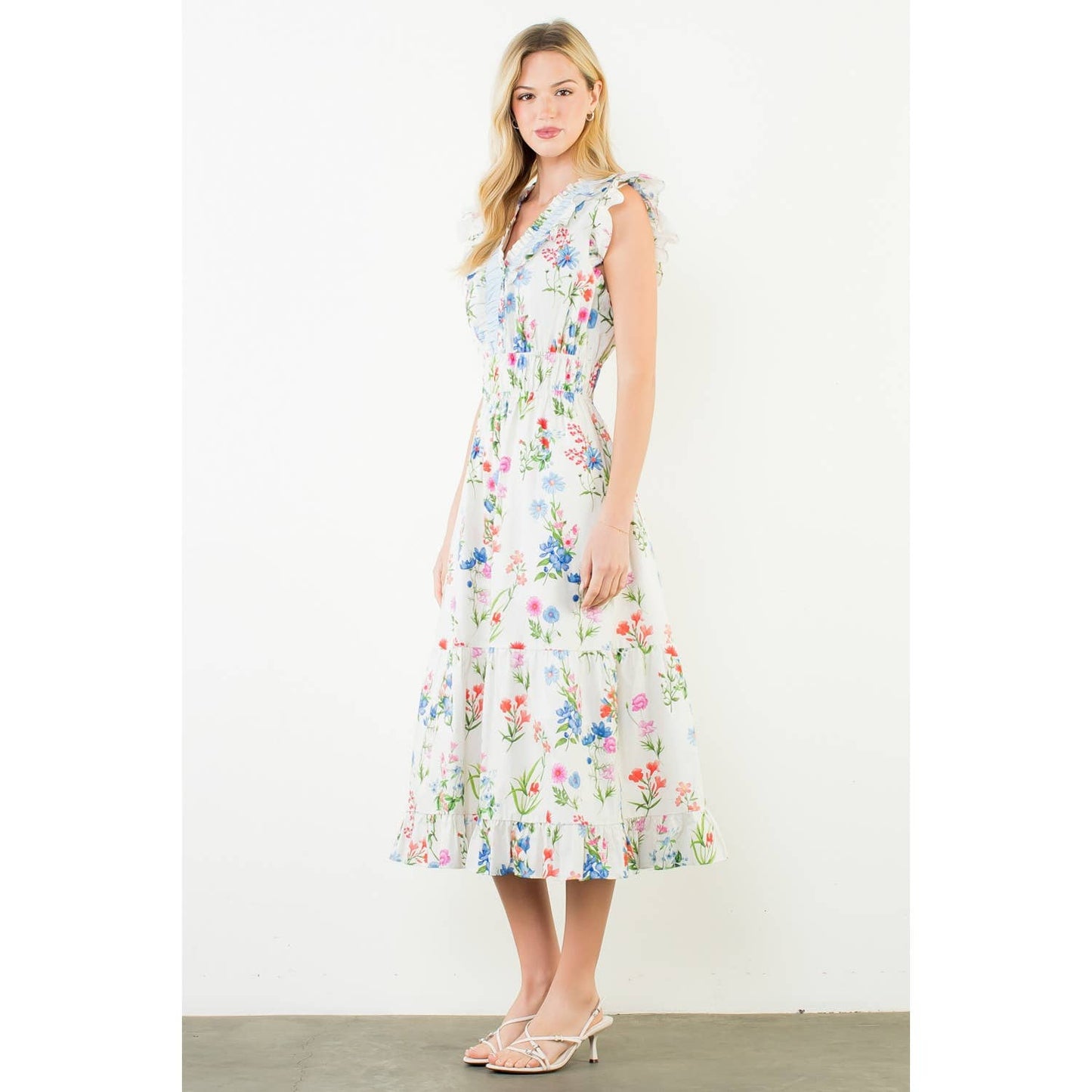 Ruffle Sleeves Floral Print Tiered Dress