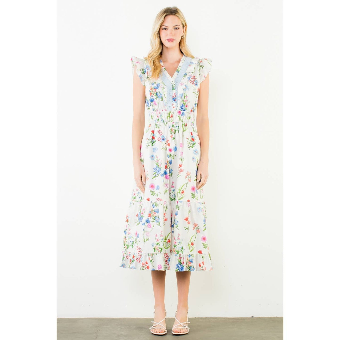 Ruffle Sleeves Floral Print Tiered Dress