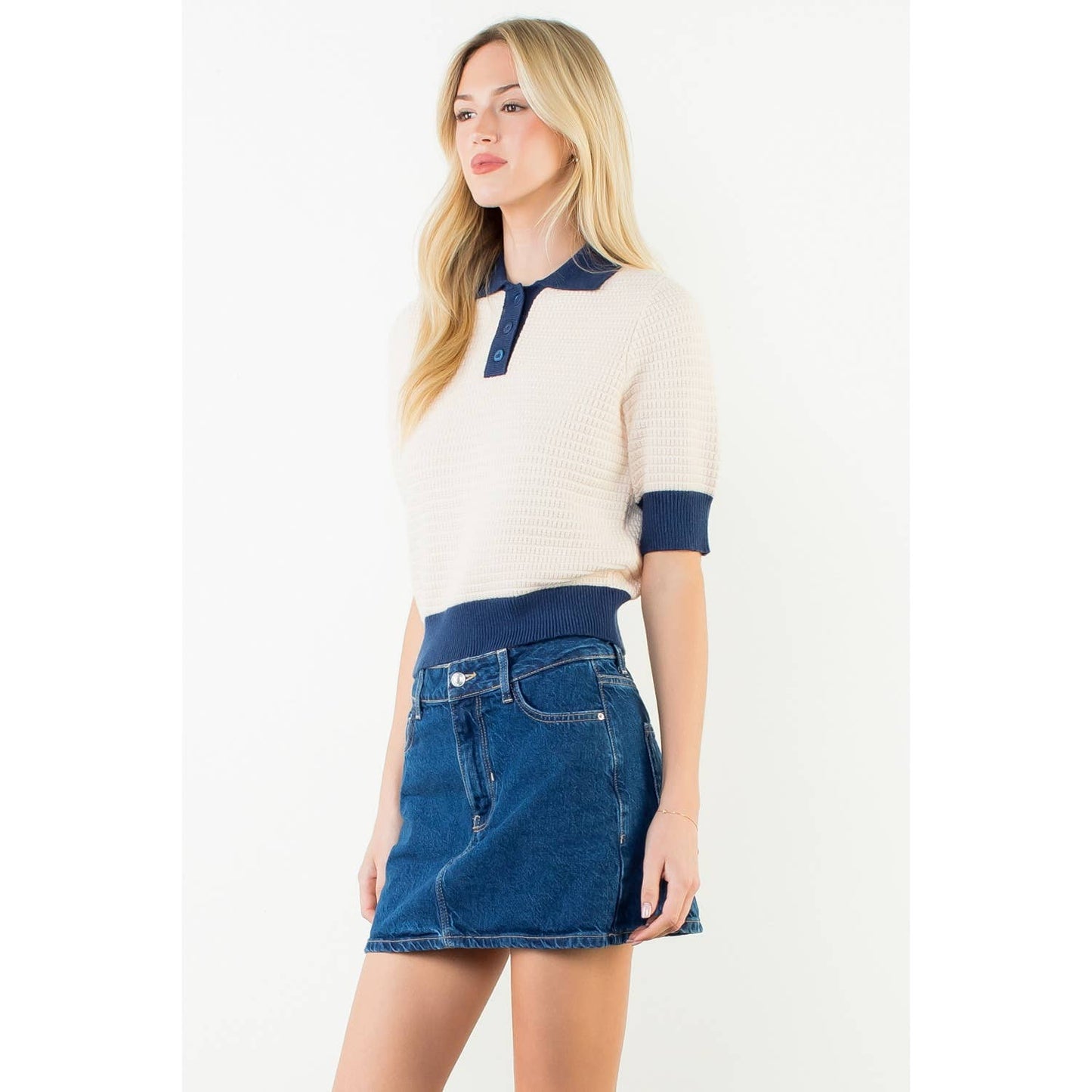 Short Sleeve Waffle Knit Polo Top