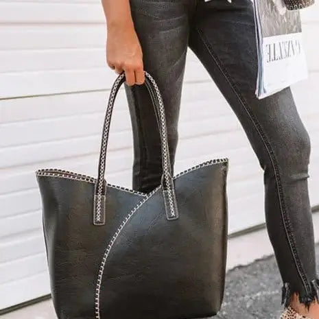 2-in-1 Stitch Trim Detail Shoulder/Tote Set Bag