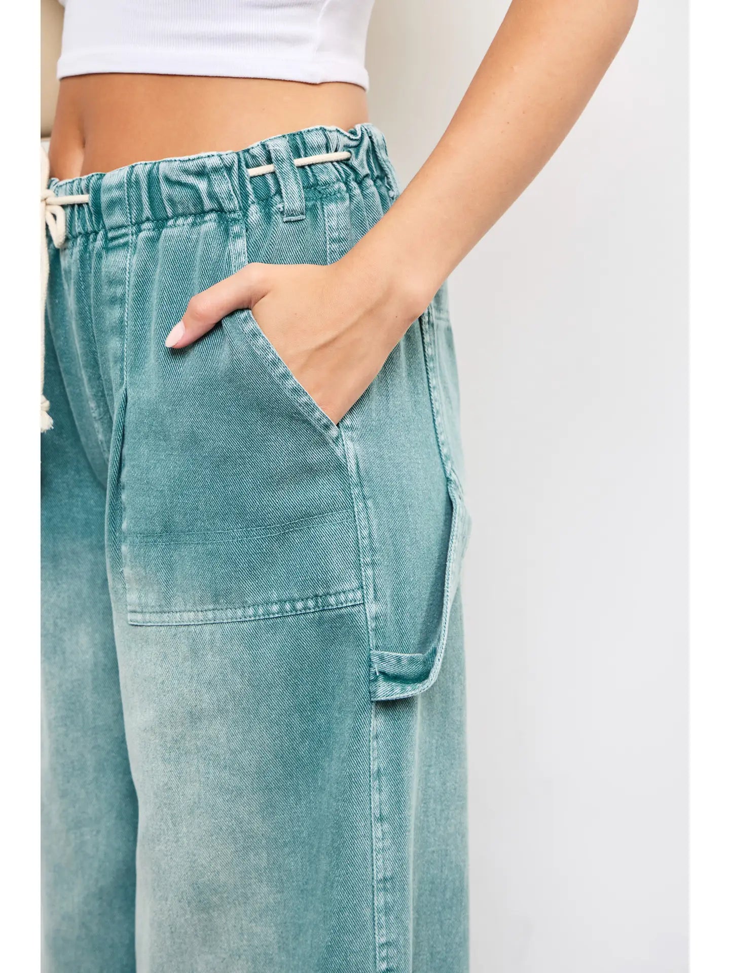 Drawstring Wide-Leg Denim Pants