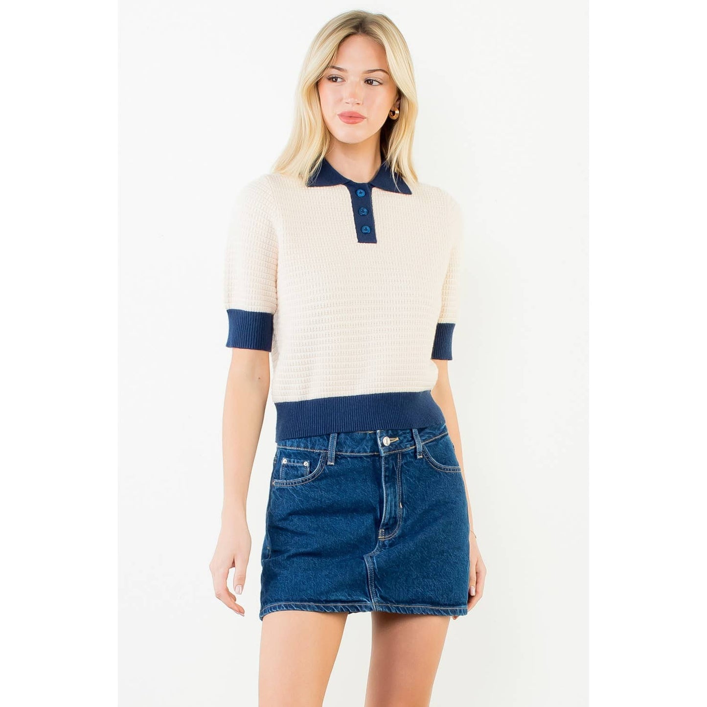 Short Sleeve Waffle Knit Polo Top