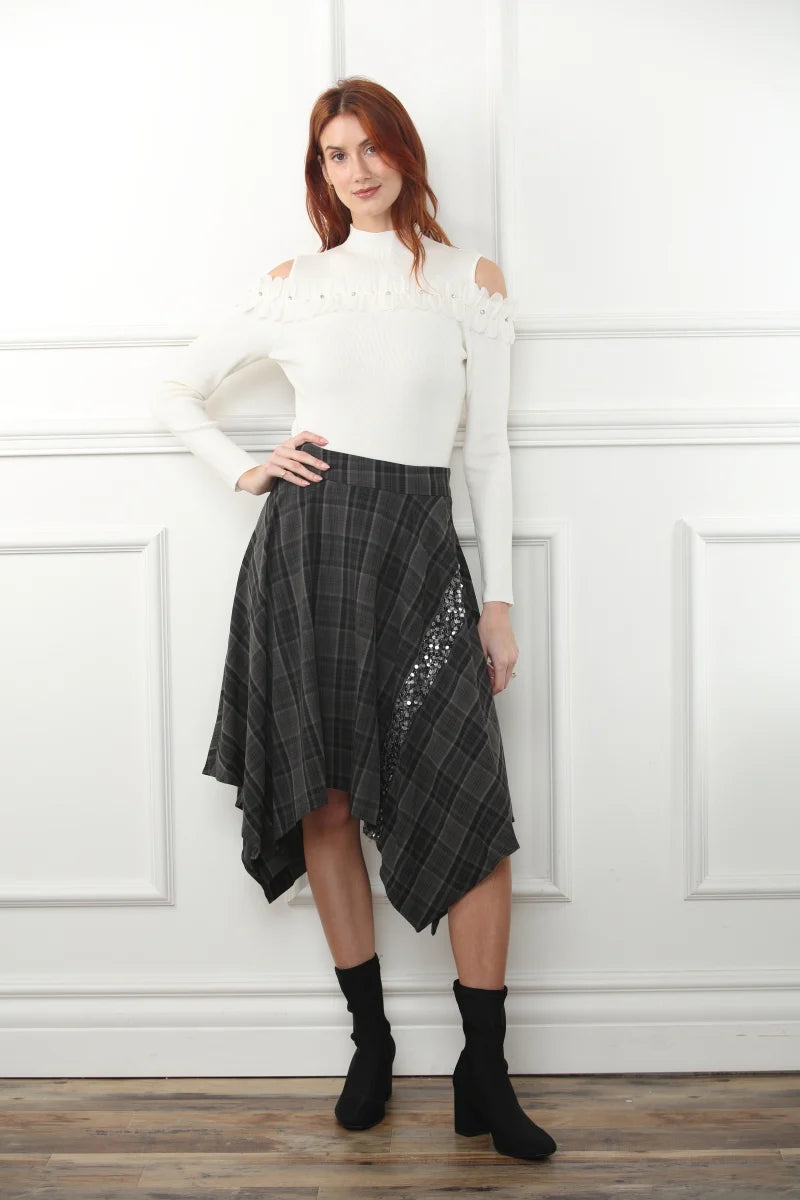 Sequin Inset Plaid Handkerchief Skirt