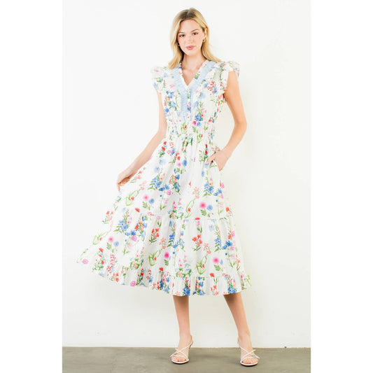 Ruffle Sleeves Floral Print Tiered Dress