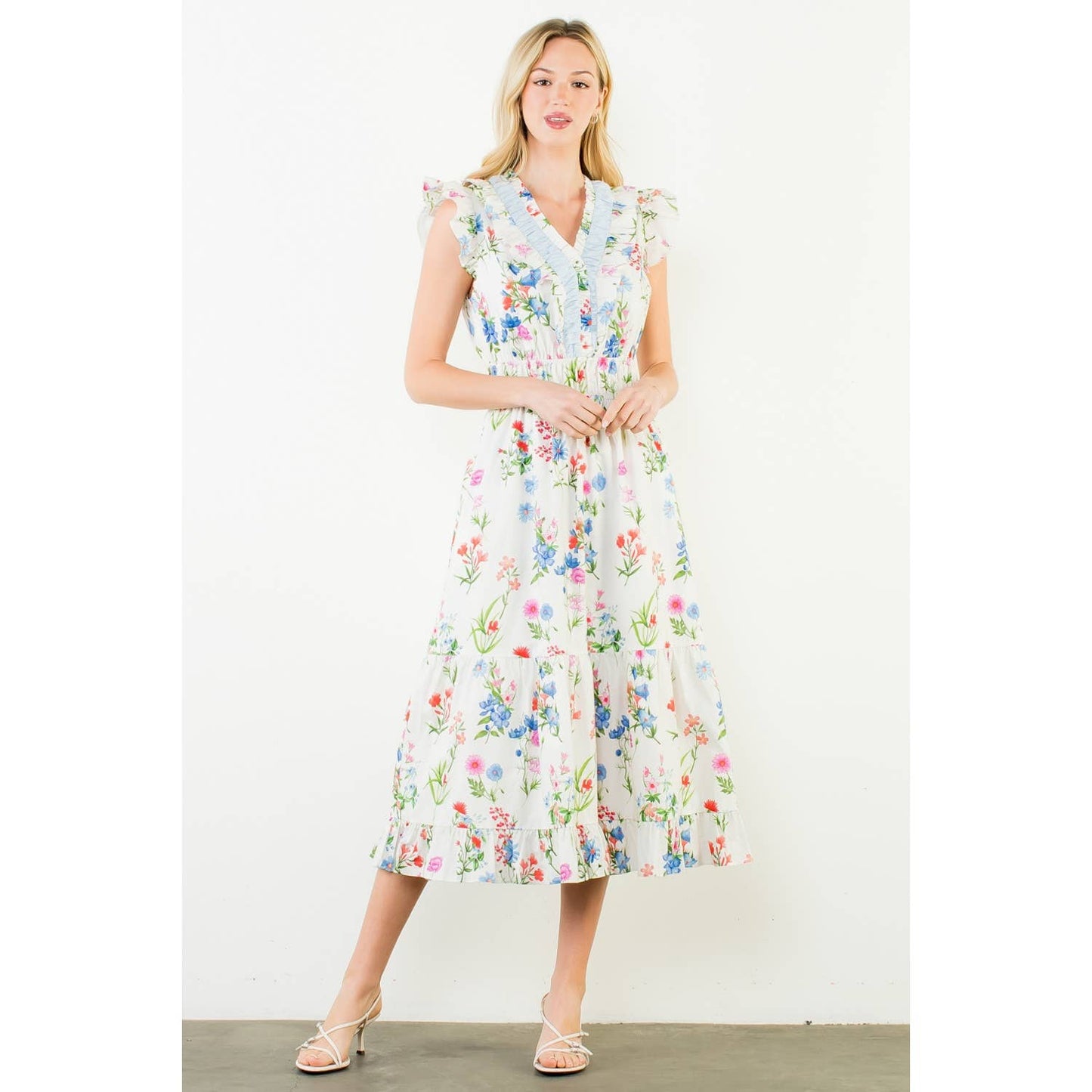 Ruffle Sleeves Floral Print Tiered Dress