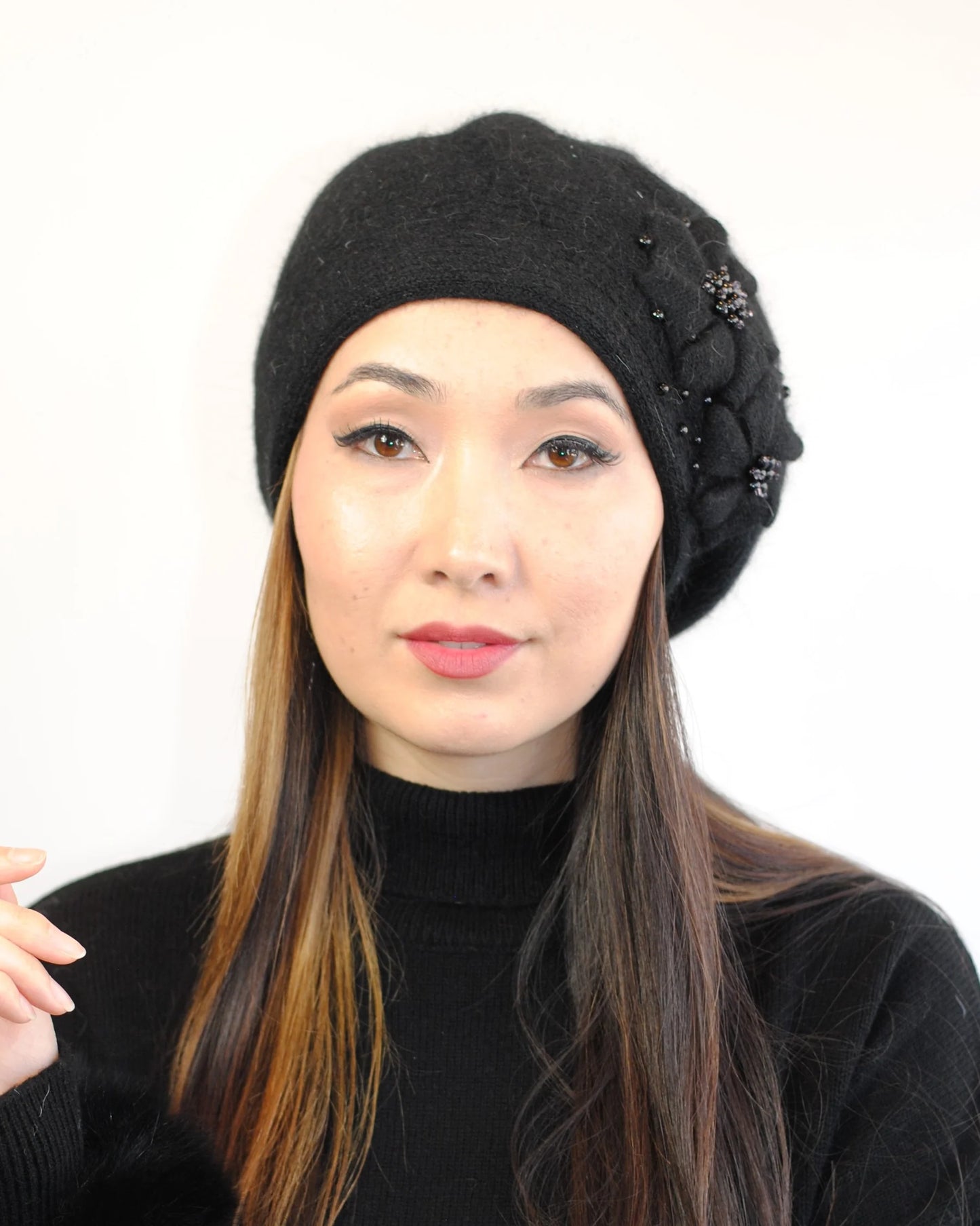 Double Angora Embroidered Wool Knit Beret Hat