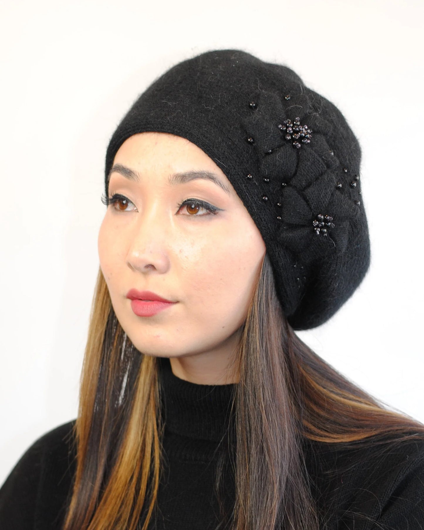 Double Angora Embroidered Wool Knit Beret Hat