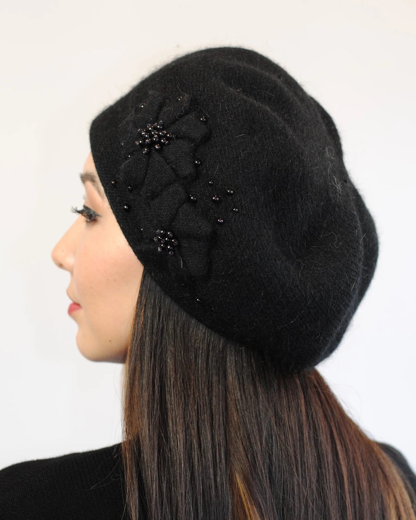 Double Angora Embroidered Wool Knit Beret Hat