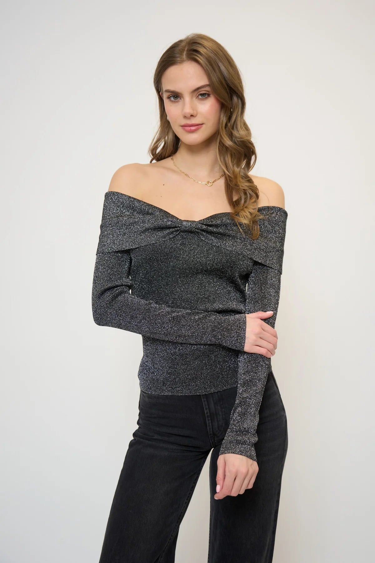 Colette Ribbed Lurex Off Shoulder Sweater