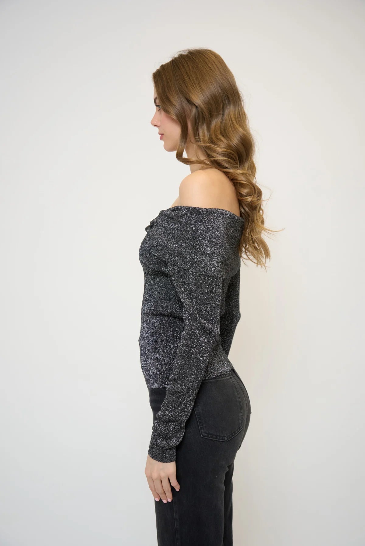 Colette Ribbed Lurex Off Shoulder Sweater