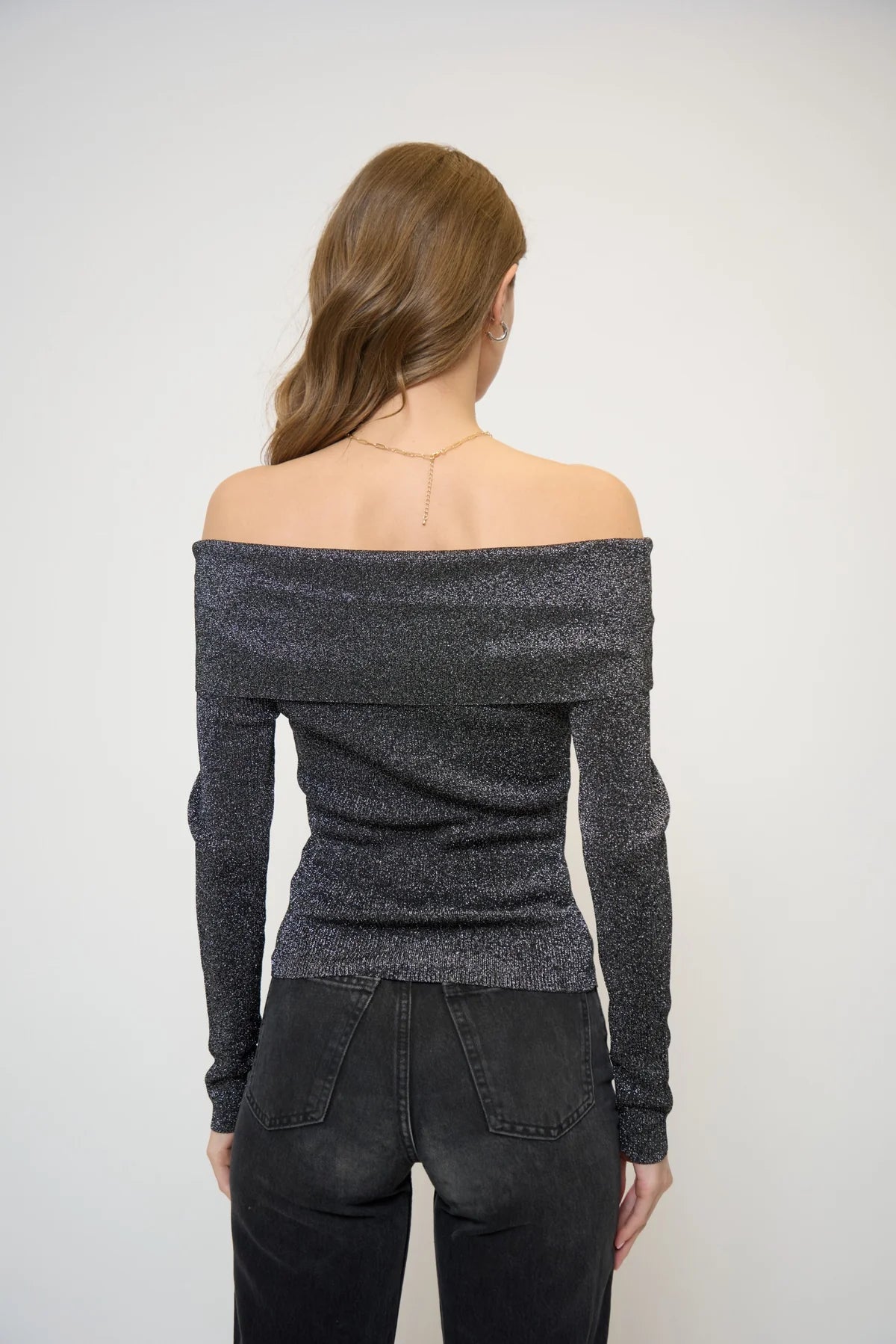 Colette Ribbed Lurex Off Shoulder Sweater
