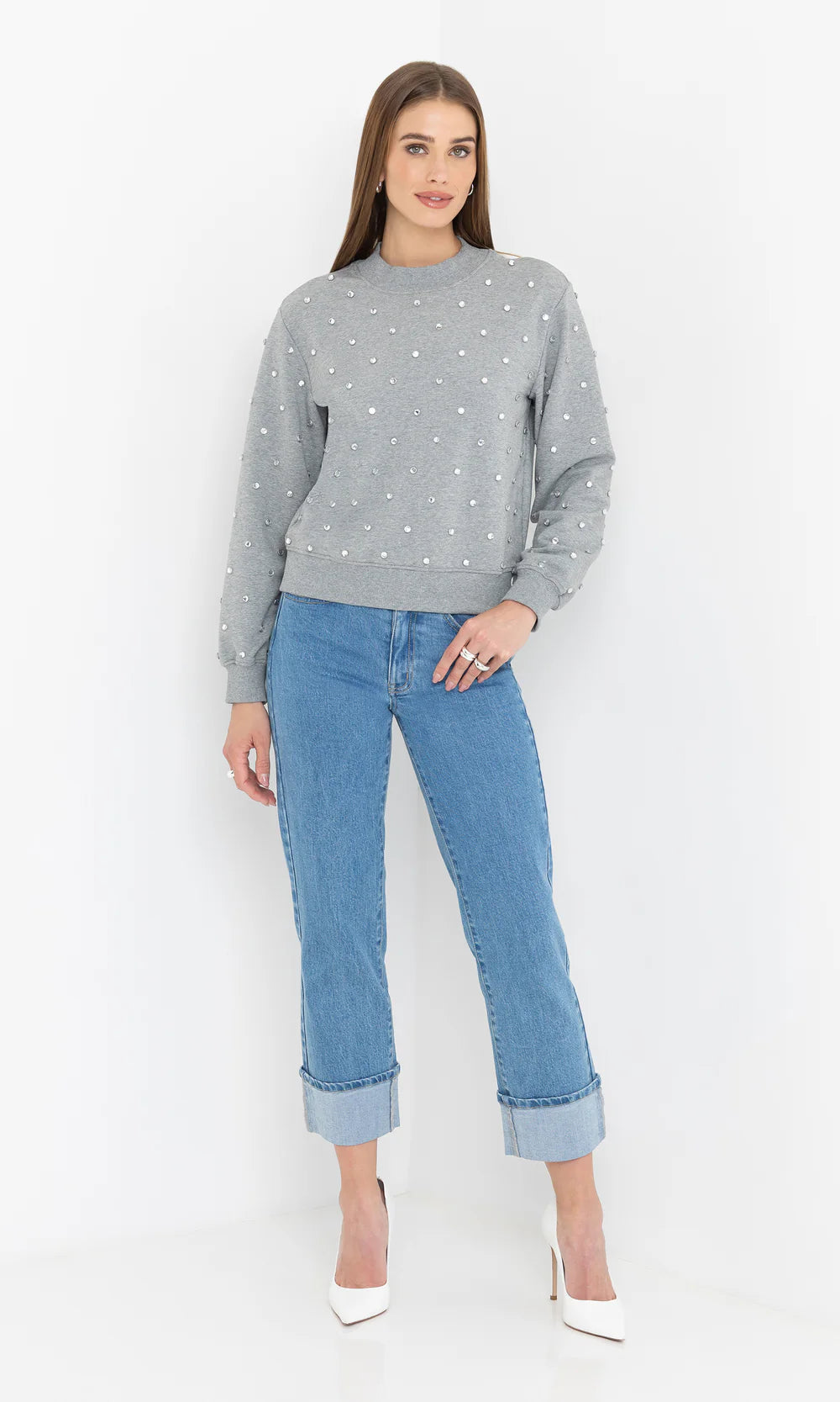 Julie Crystal Stud Sweatshirt Heather Grey